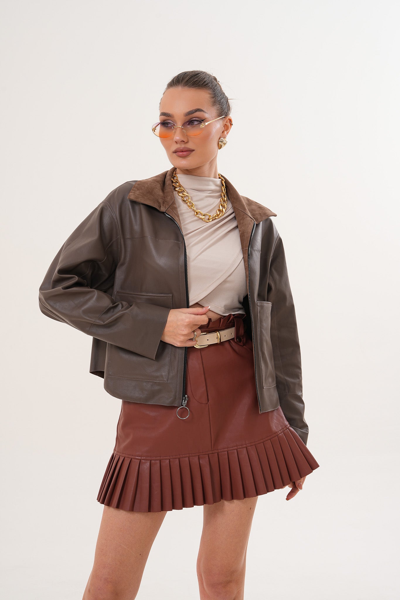 Elvoria Reversible Leather Jacket - Taupe / Suede Brown - 6