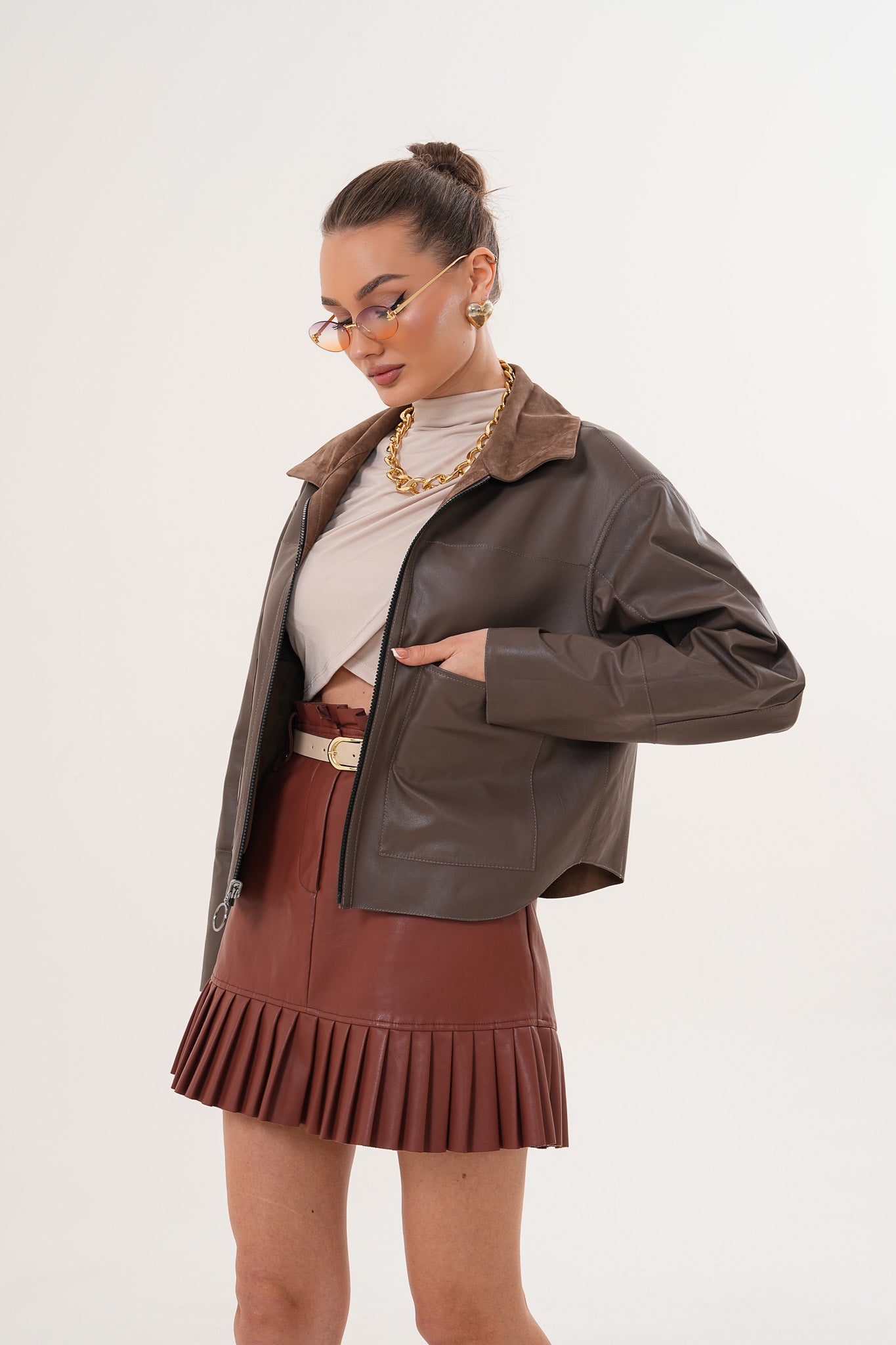 Elvoria Reversible Leather Jacket - Taupe / Suede Brown - 8