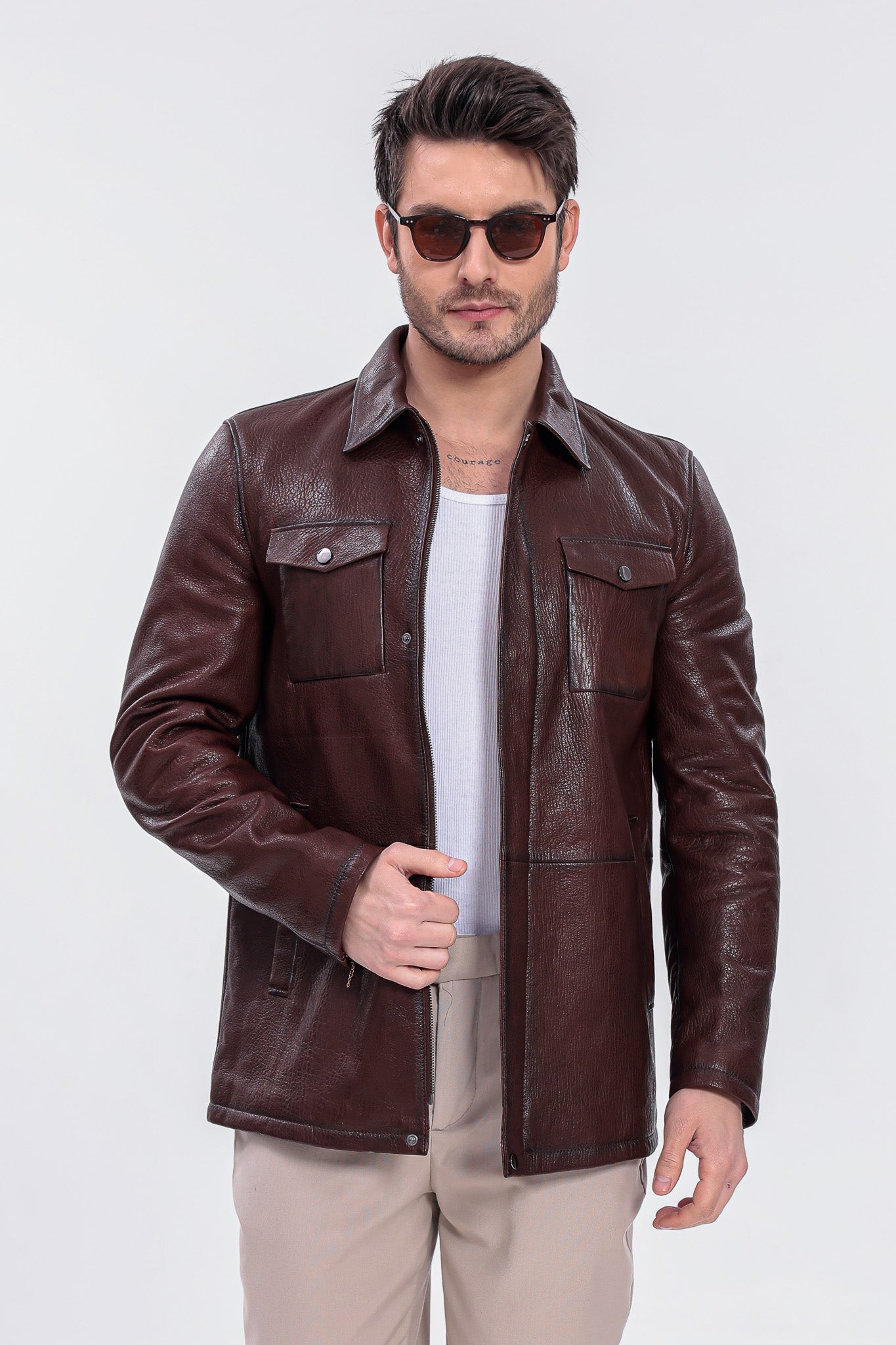 Chaqueta de campo para hombre en cuero genuino marrón Castello Brown