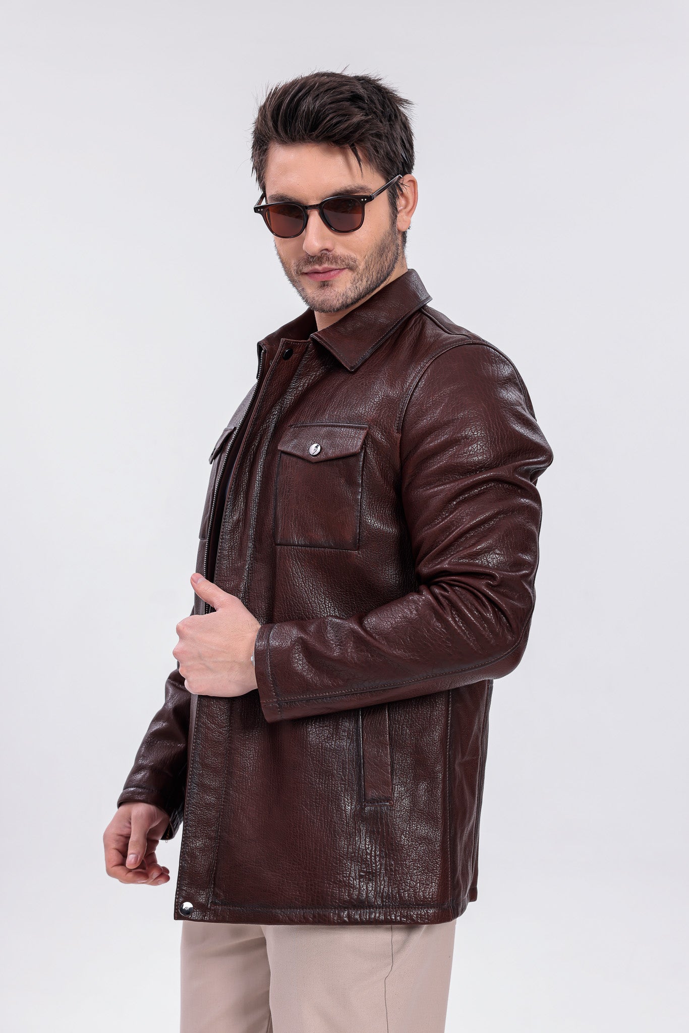 Chaqueta de campo para hombre en cuero genuino marrón Castello Brown