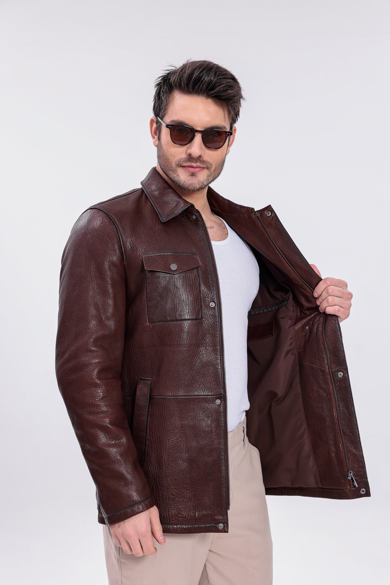 Chaqueta de campo para hombre en cuero genuino marrón Castello Brown