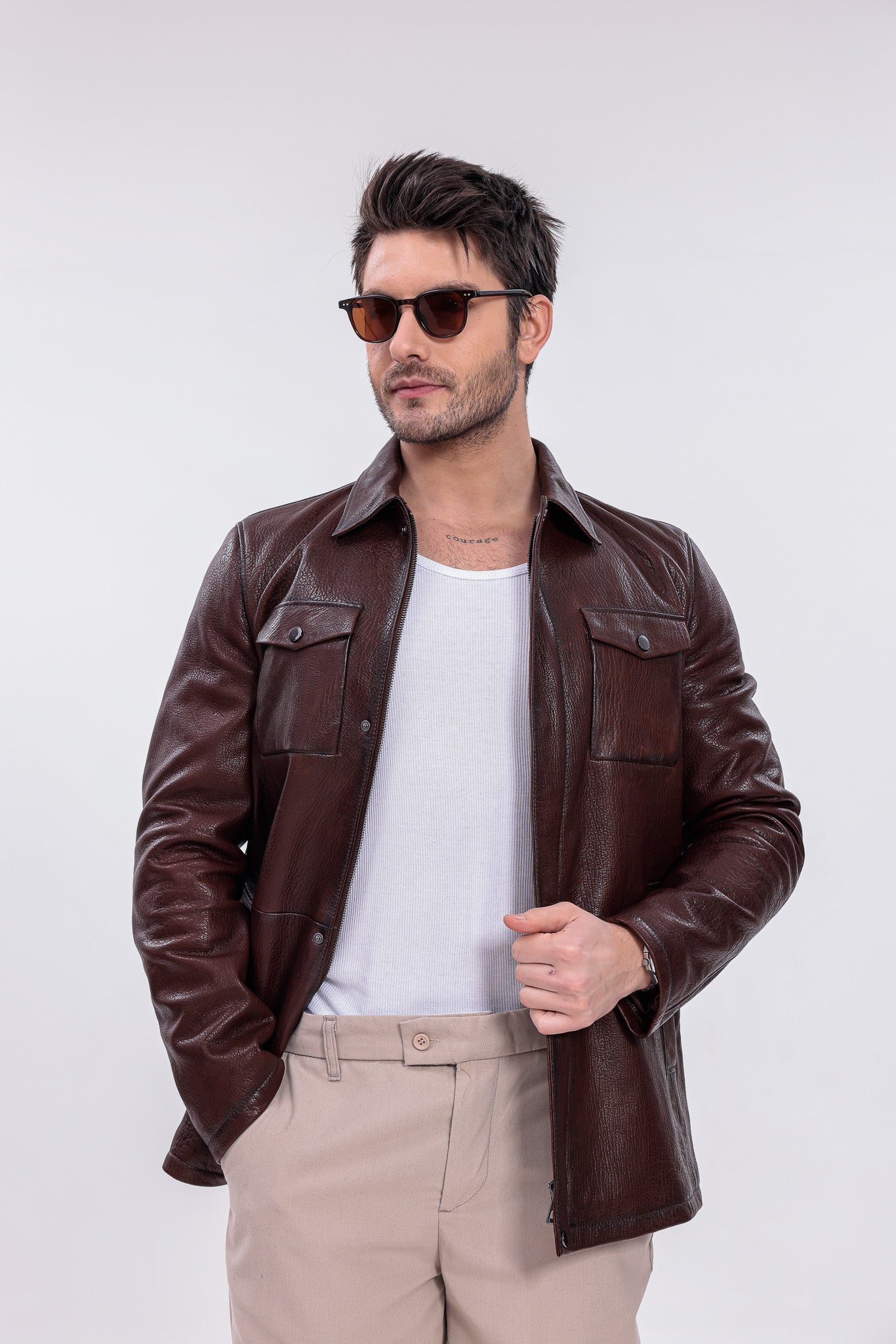 Chaqueta de campo para hombre en cuero genuino marrón Castello Brown