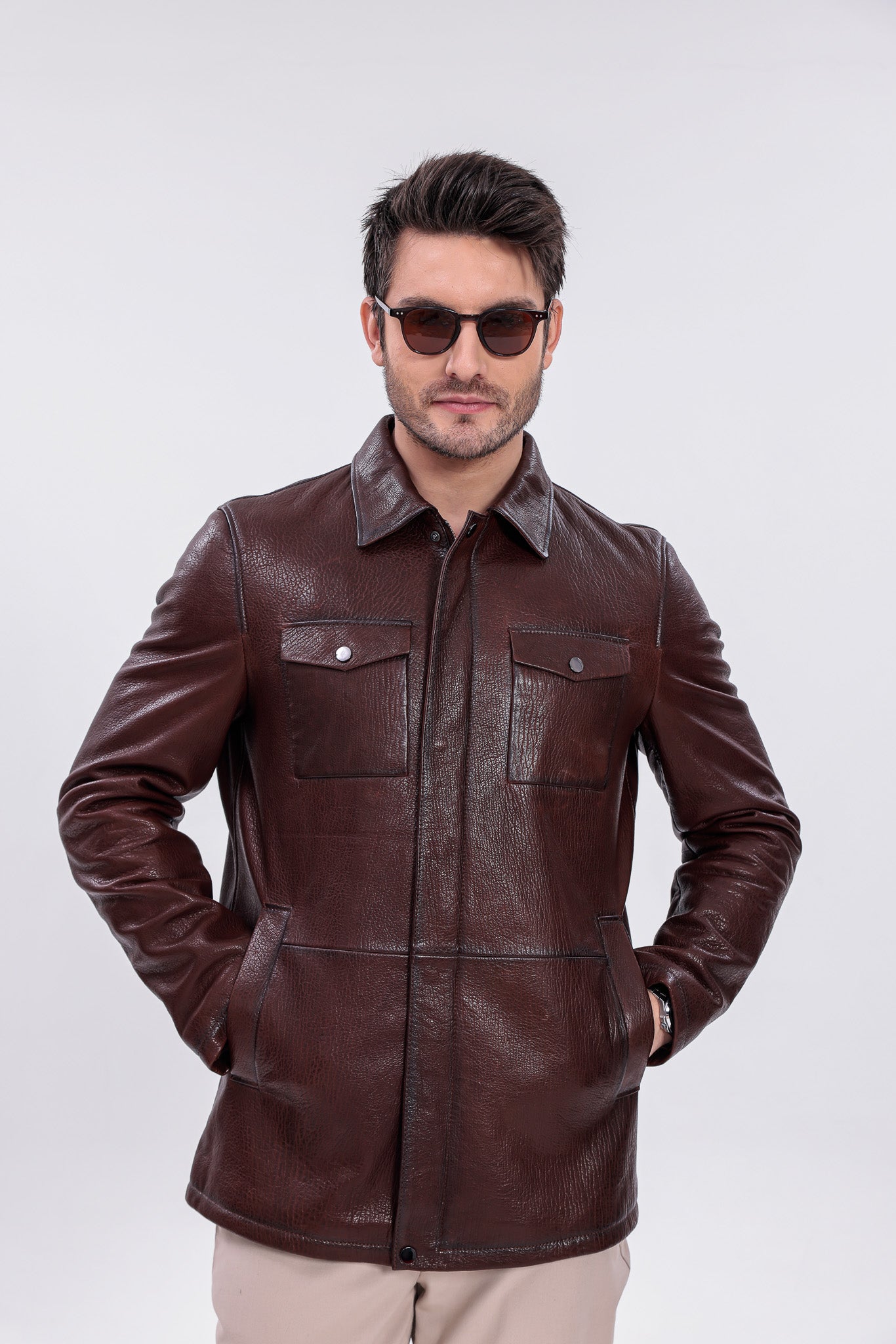 Chaqueta de campo para hombre en cuero genuino marrón Castello Brown