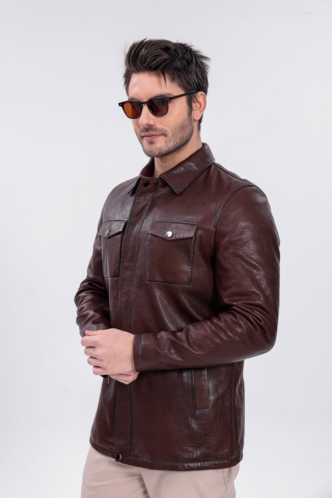 Chaqueta de campo para hombre en cuero genuino marrón Castello Brown