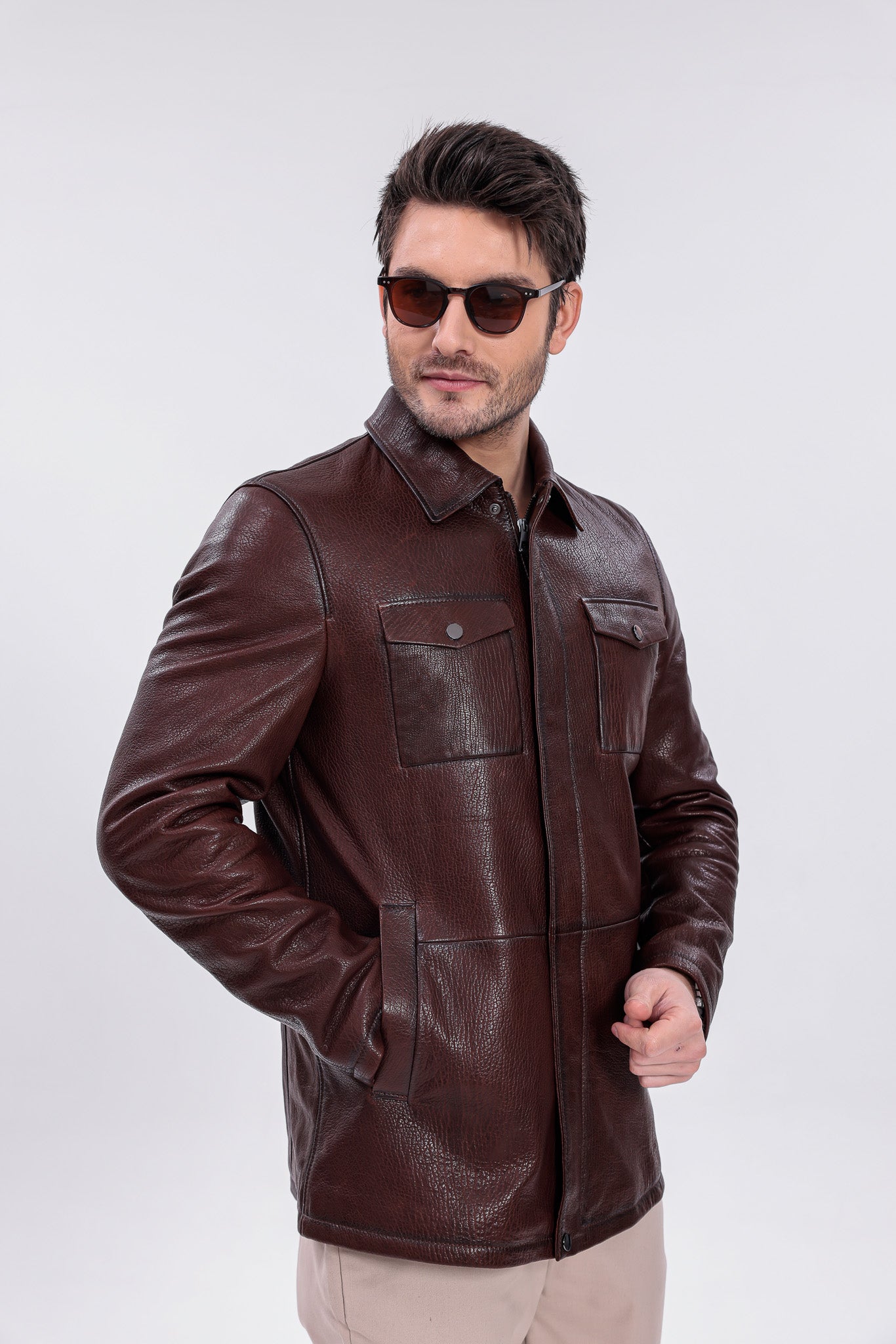 Chaqueta de campo para hombre en cuero genuino marrón Castello Brown