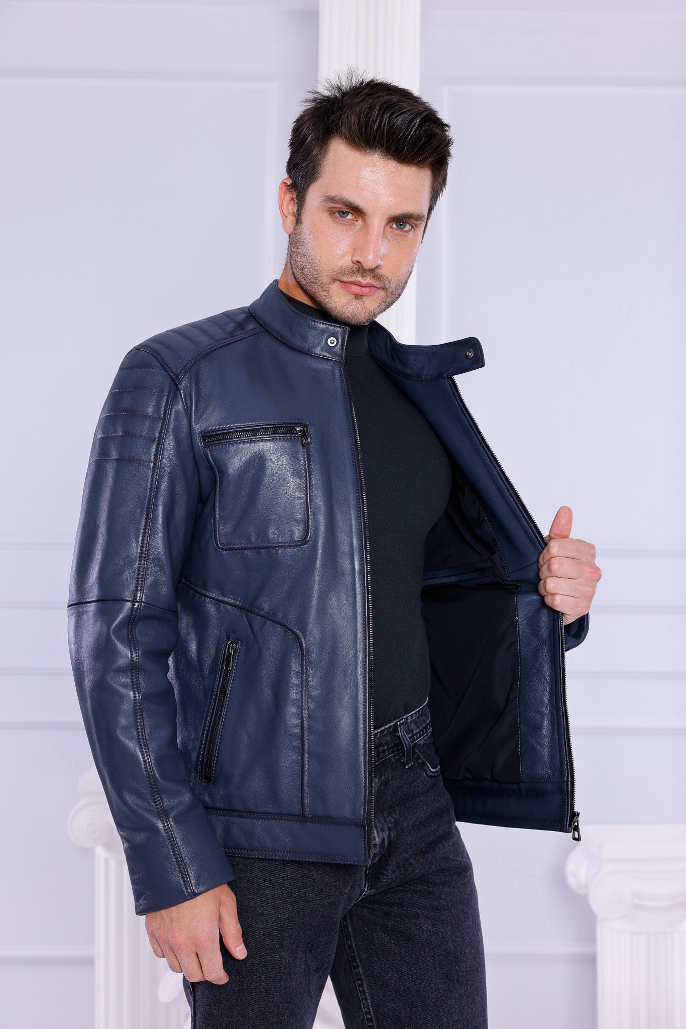 The Argento Navy Blue Leather Jacket