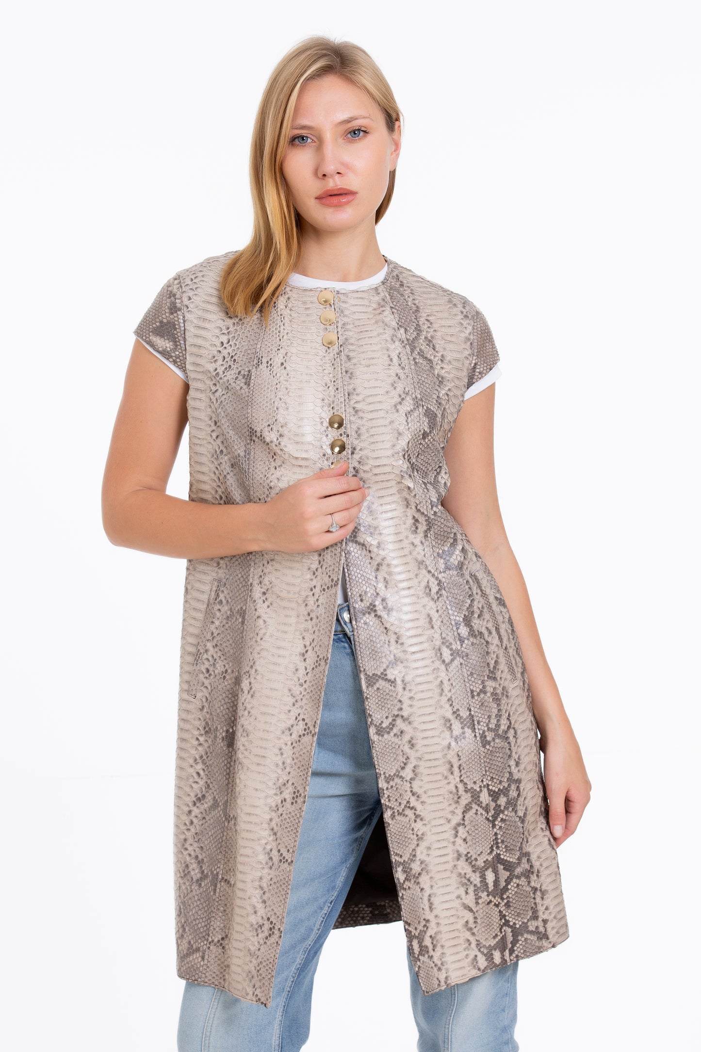 The Principe Pythn Skin Leather Natural Zip-Up Vest Women Jacket