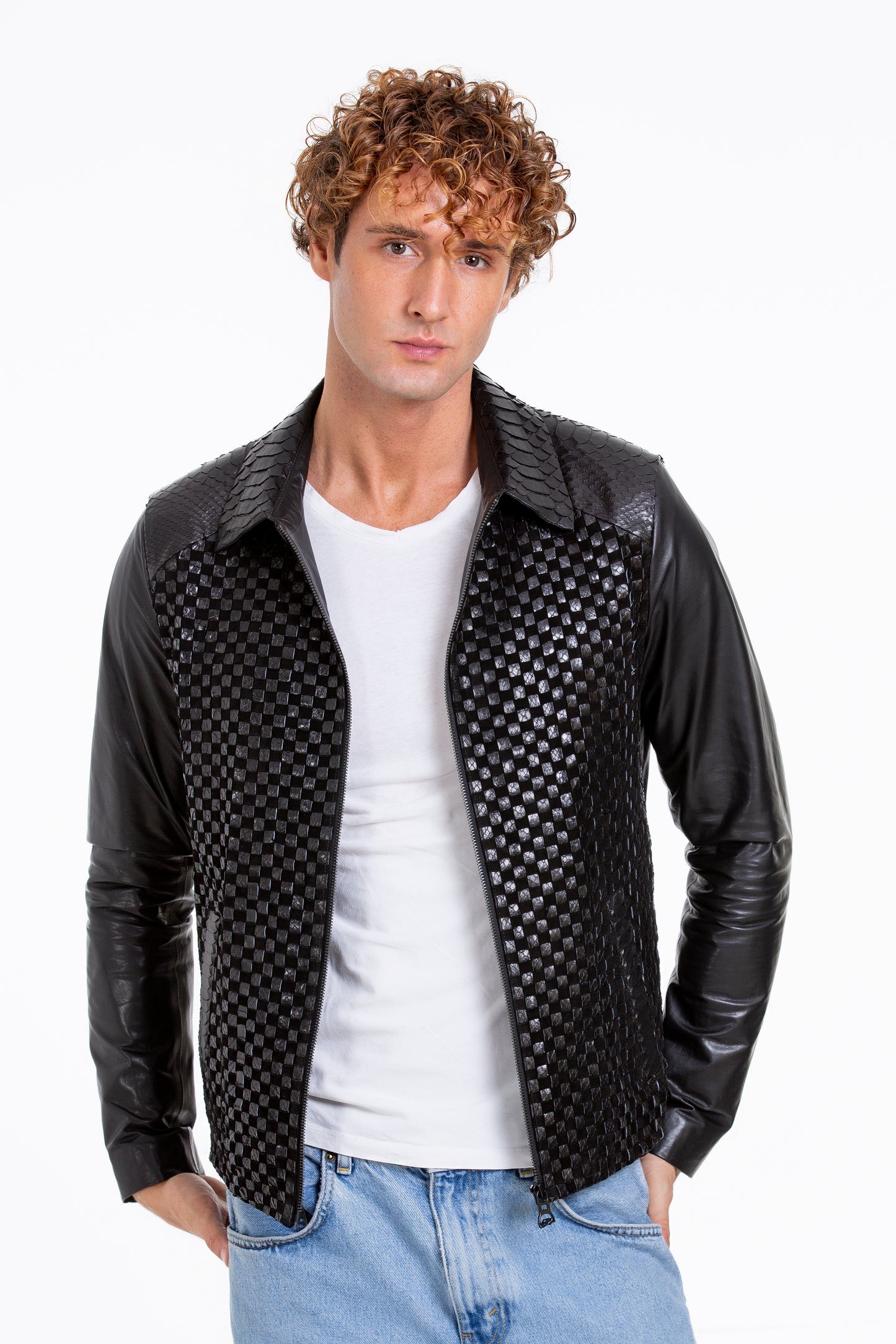 The Bedford Pythn Skin Handwoven Leather Black Men Jacket