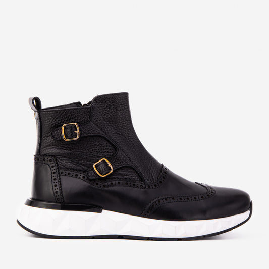 The Stealth Wingtip Buckle Black Leather Men Boot