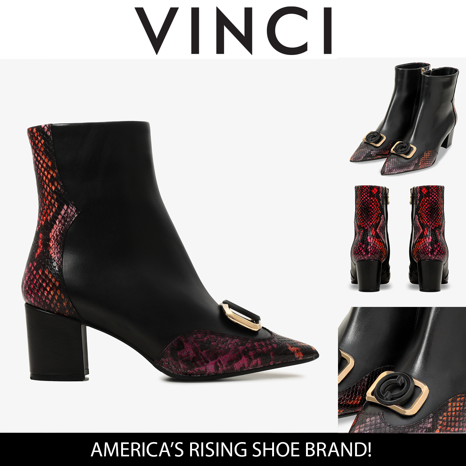 Gray Black & Fuchsia Leather Block Heel Women Boot - 7
