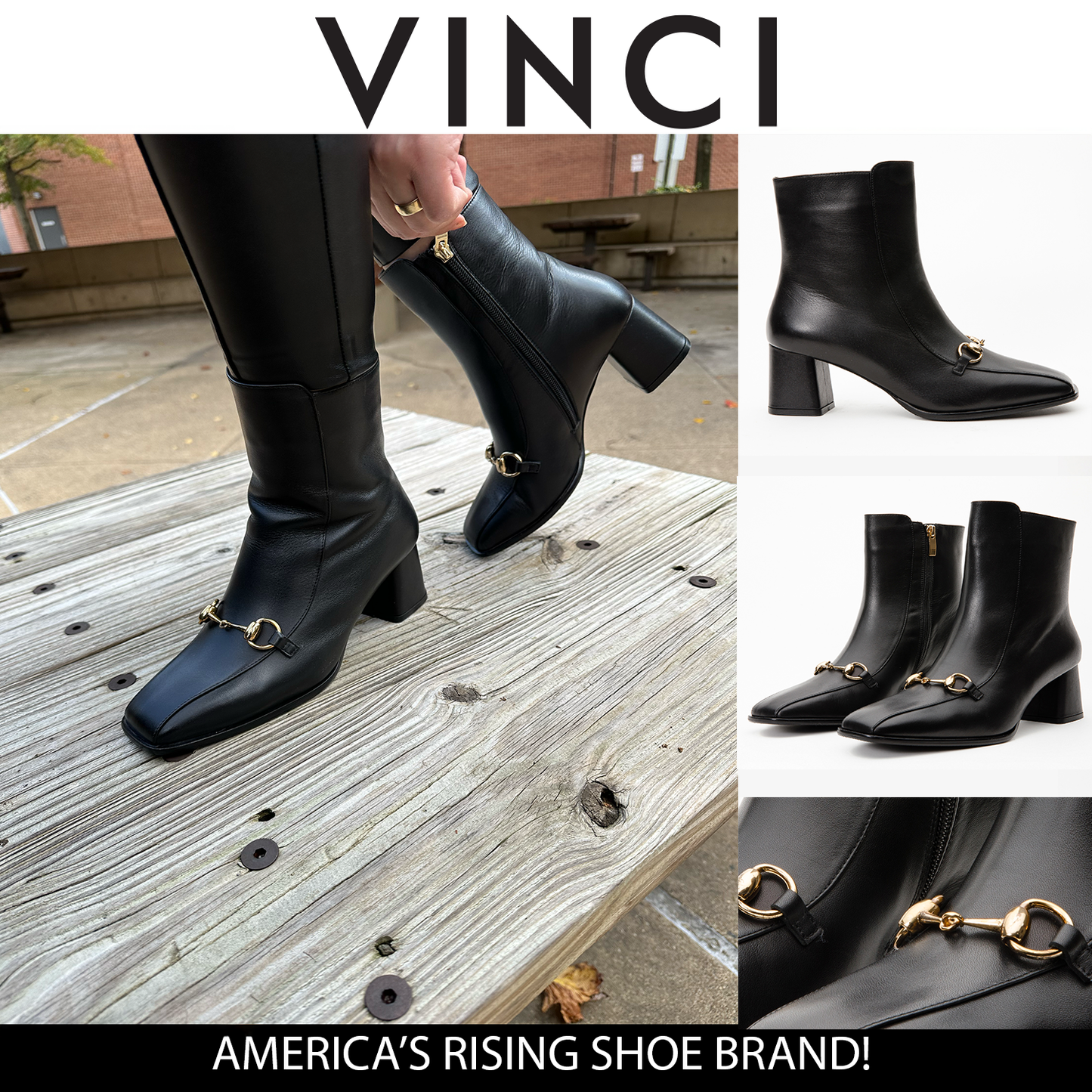 Bota de mujer con tacón de bloque de cuero negro Bukres