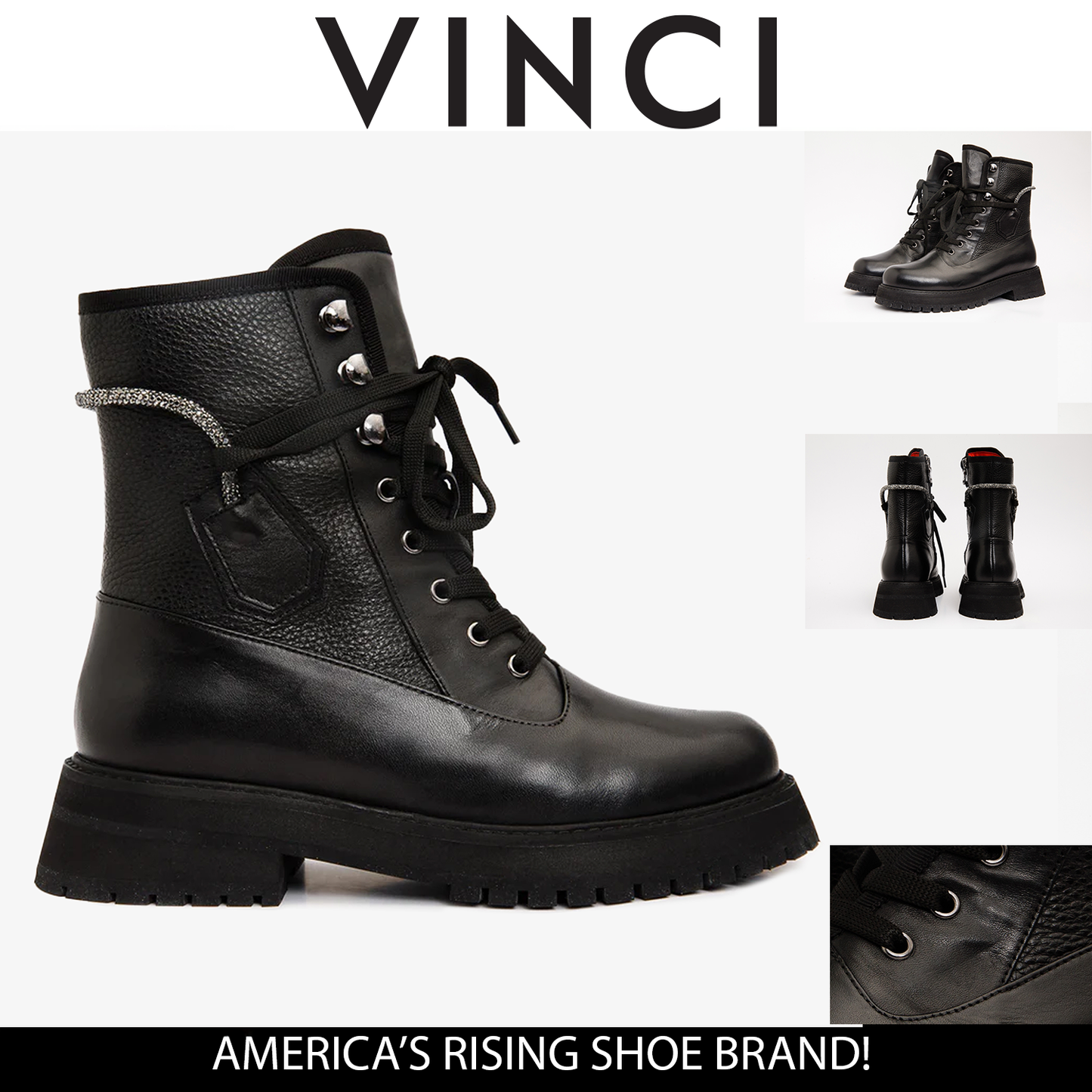 The Arata Black Leather Lace-Up Ankle Women Boot With a Side Zipper