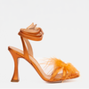 ¡Sandalia de mujer con correa al tobillo de cuero naranja Siena con plumas, venta final!
