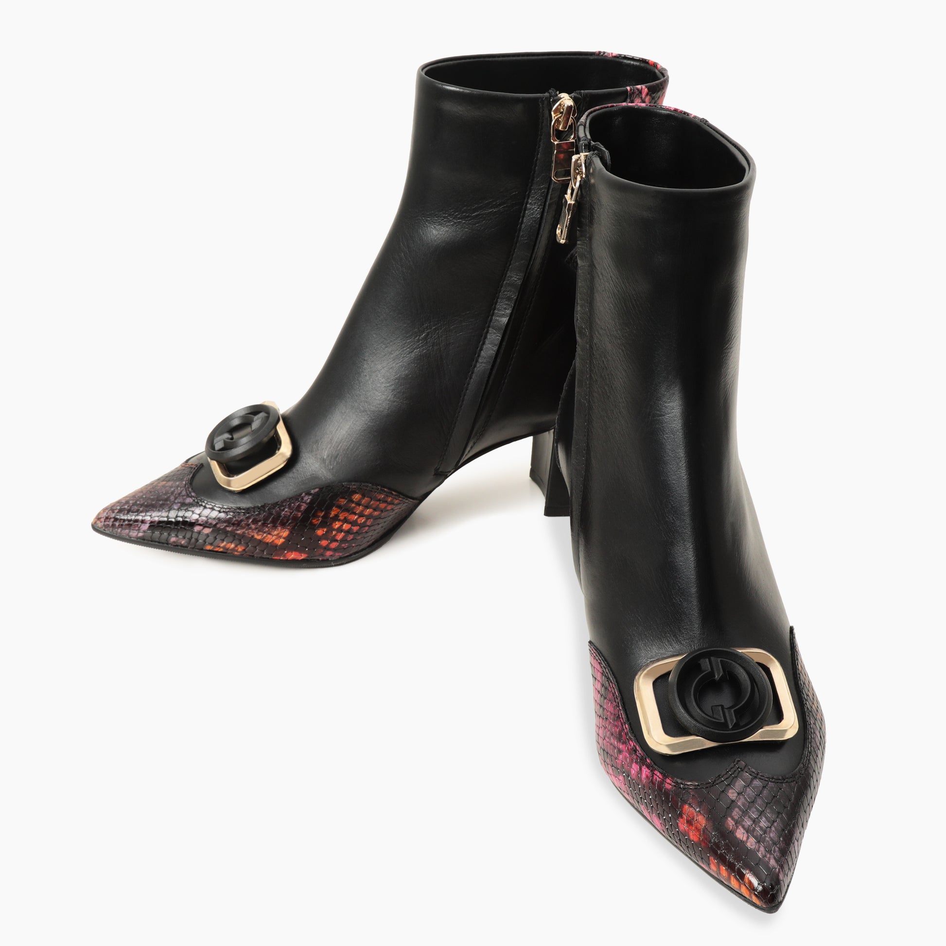 Gray Black & Fuchsia Leather Block Heel Women Boot - 5