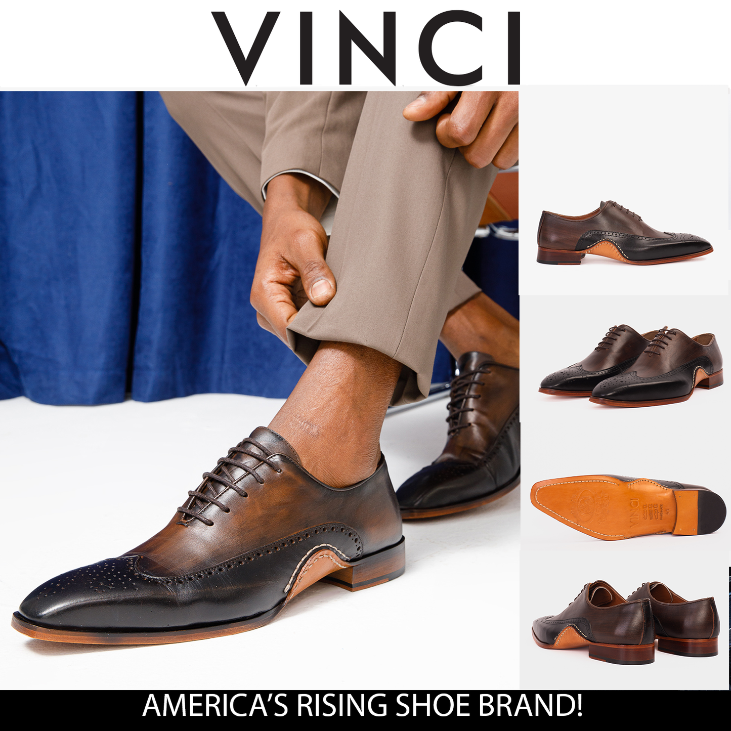Zapato Oxford con punta de ala en negro y marrón de Royal Hand Craft para hombre