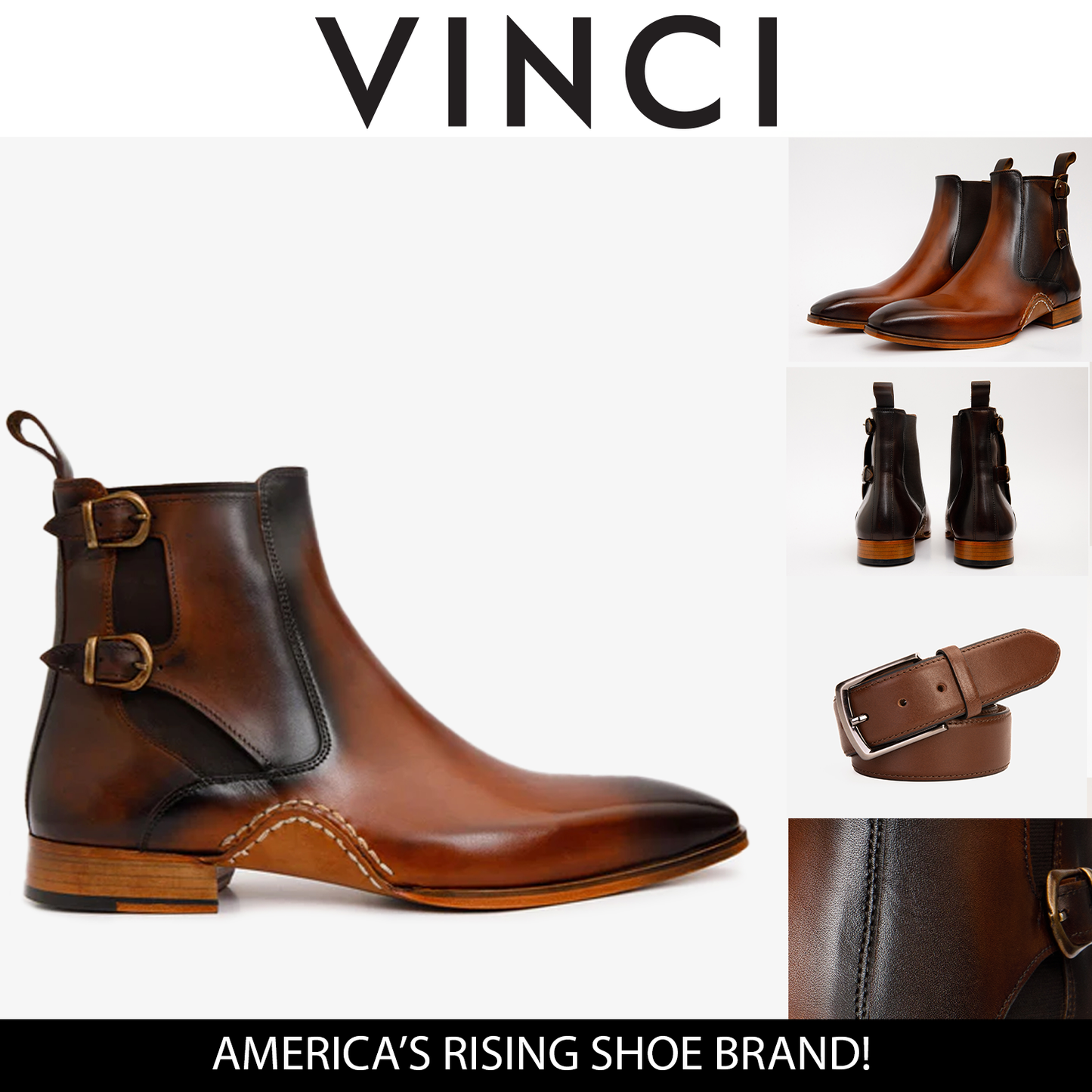Bota Chelsea de hombre con doble hebilla en piel color canela de Royal Hand Craft
