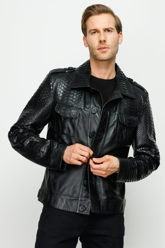 Chaqueta para hombre de cuero negro con piel de pitón Manteca