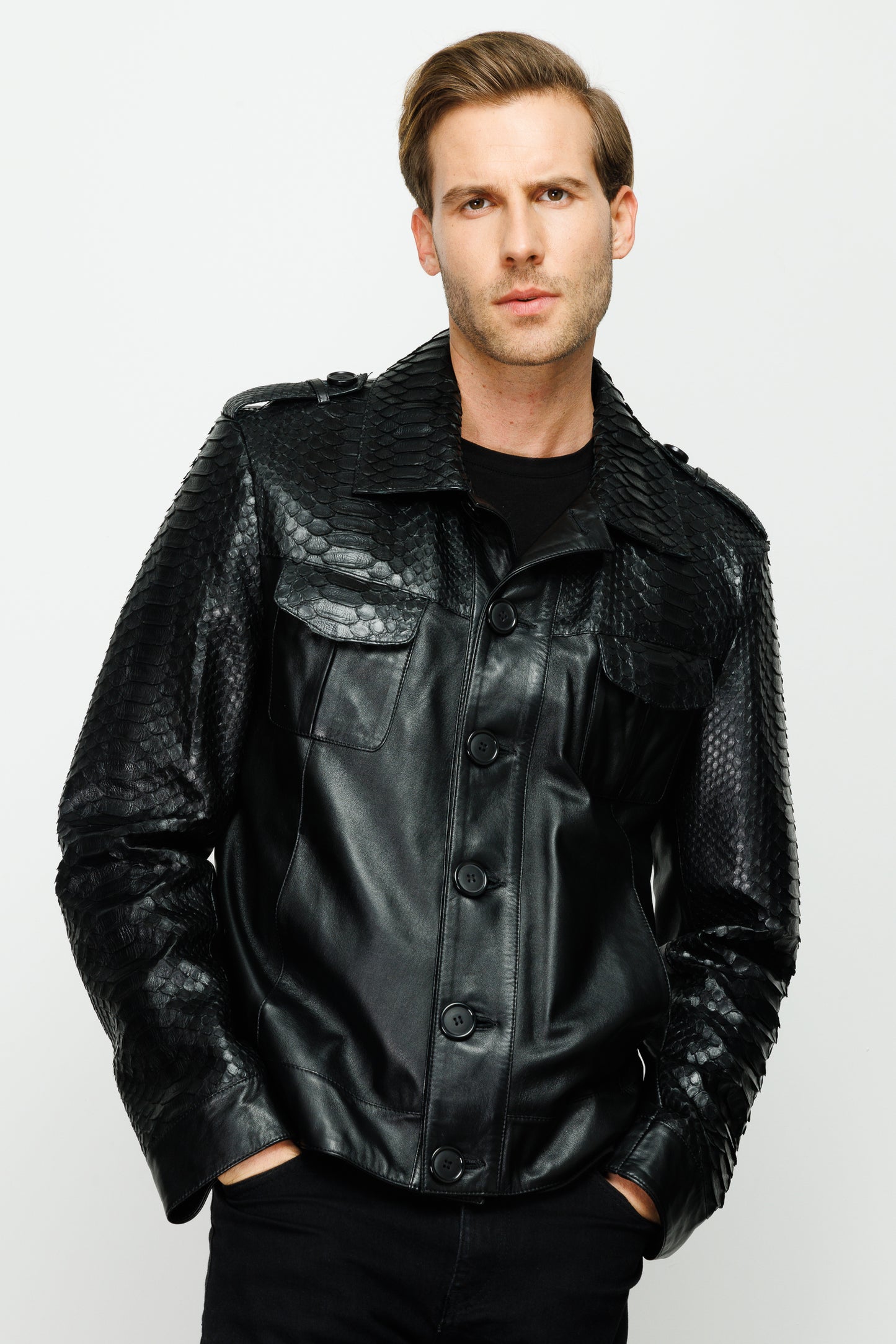 Chaqueta para hombre de cuero negro con piel de pitón Manteca