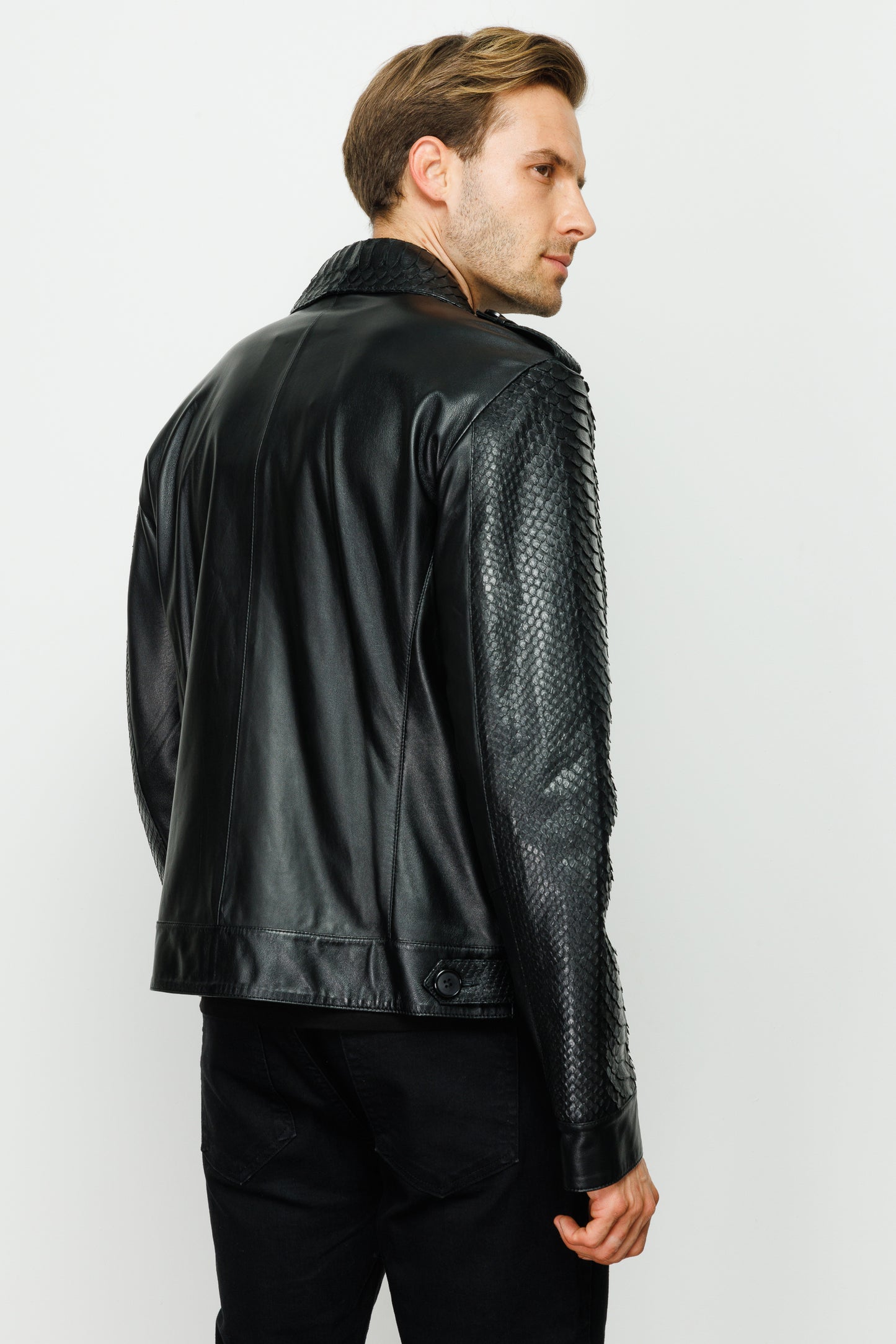 Chaqueta para hombre de cuero negro con piel de pitón Manteca