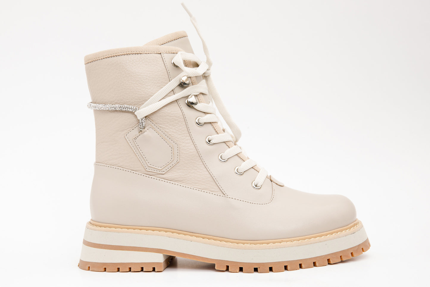 Botín de mujer con cordones y cremallera lateral de piel color crema Arata