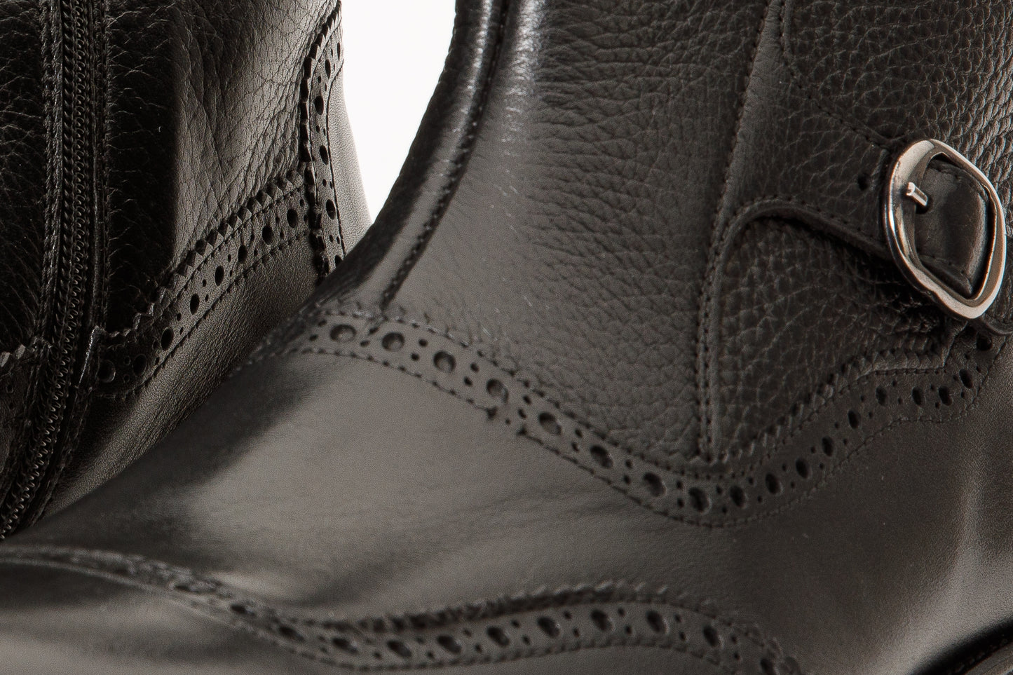 The Rand Black Leather Double Buckle Brogue Men Boot with a Zipper